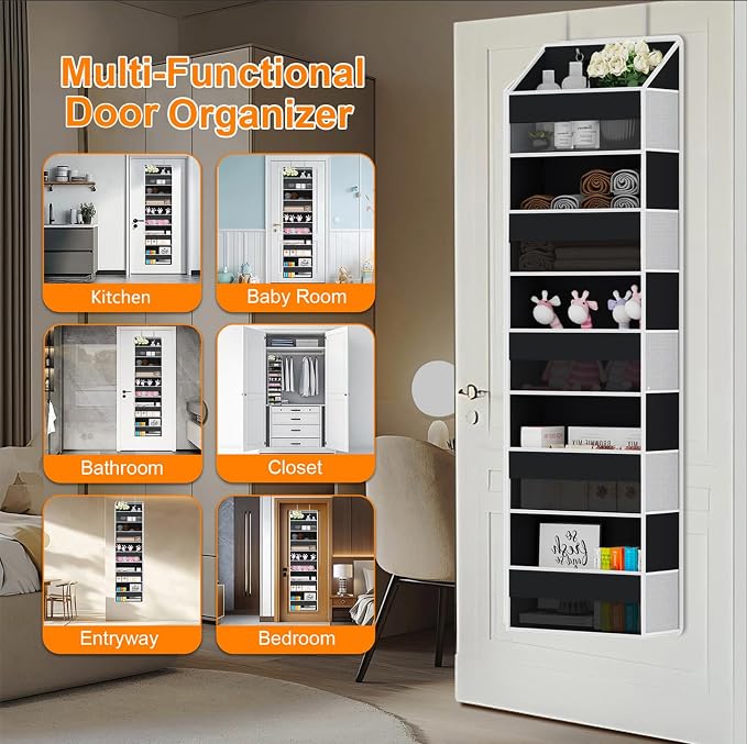 Over Door Organizer - Over The Door Storage Organizer with 5 Large Pockets & 10 Mesh Side Compartments - Heavy-Duty Hanging Storage for Bathroom, Bedroom & Nursery - Room Organizer Solution - Black