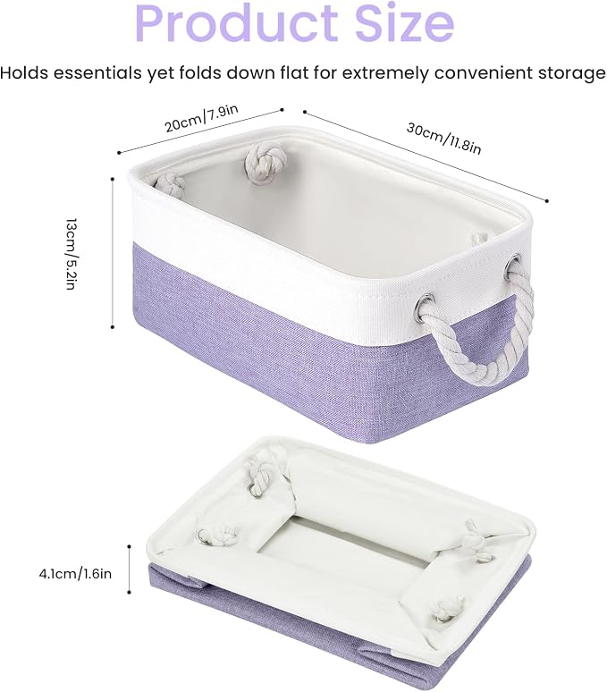 Storage Baskets for Shelves 11.8x7.9x5.2 Inch, Foldable Fabric Storage Bins with Handles, Small Storage Baskets for Organizing Closet, Office, Home Organization (1-Pack, White&Purple)