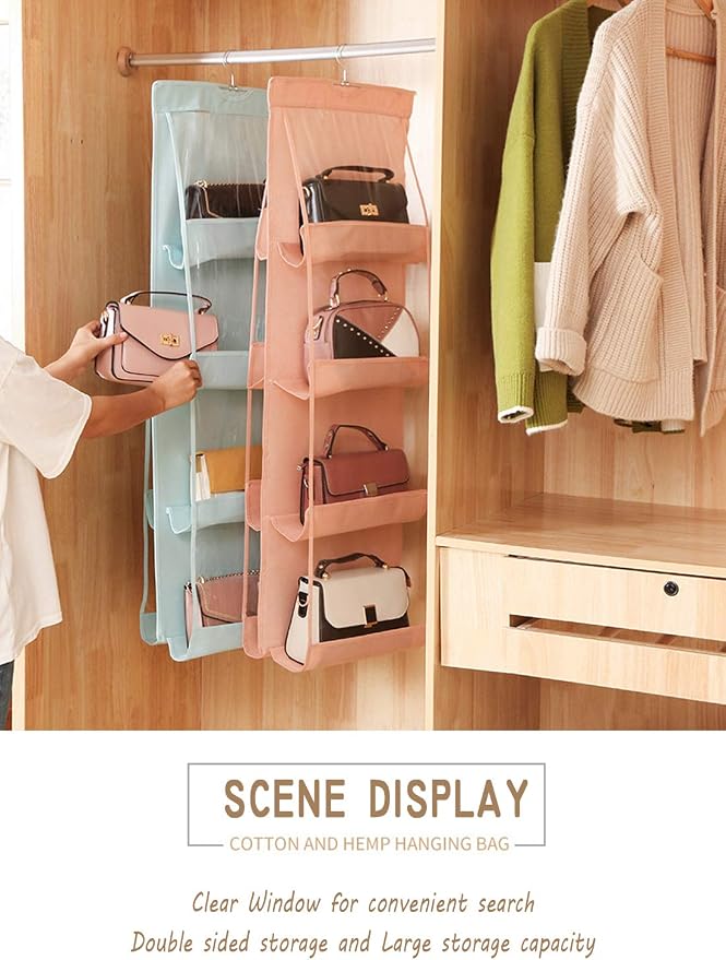 AARAINBOW 1 Pack Hanging Handbag Purse Organizer, Hand Bag Organizer Space Saving, 8 Pockets Wardrobe Organizer, Purse Holder for Closet, 46 L x 13.8W (B-Light Pink)