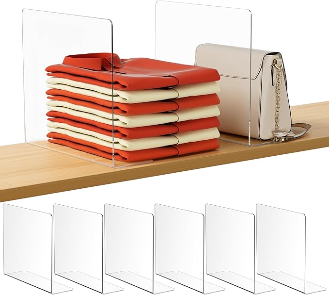 HBlife Acrylic Shelf Dividers for Closet Organization, 6 Pack Clear Sturdy Separate Closet Dividers for Shelves, Adjustable Purse Organizer for Sweater, Shirts, Handbags, Books in Bedroom and Kitchen