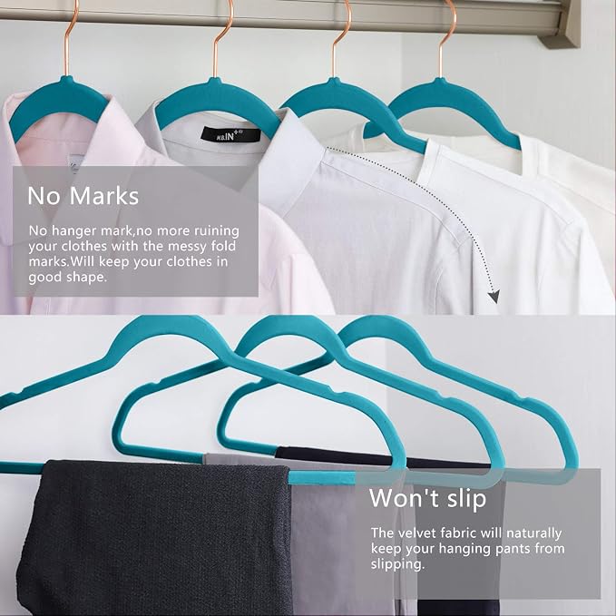 MIZGI Premium Velvet Hangers (50 Pack) Heavy Duty - Non Slip Felt Suit Hangers Teal/Turquoise - Rose Gold Hooks, Space Saving Clothes Hangers