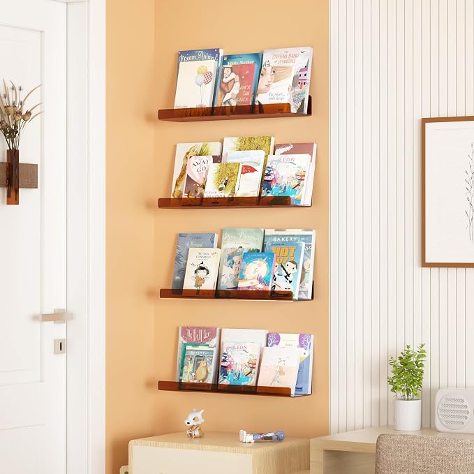 upsimples 4 Pcs 15" Acrylic Shelves for Wall Decor and Display, Brown | Cute Floating Shelf for Perfume, Skincare, Nail Polish, Wall Organizer for Bedroom, Living Room, Playroom, Room Décor