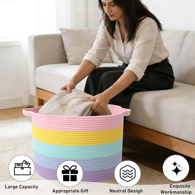 65L Large Blanket Basket,Woven Rope Laundry Basket Hamper with Handles,Decorative Nursery Basket Storage Bin for Toys, Pillows , Clothes Organizer, Living Room, Bedroom, Bathroom, Colorful
