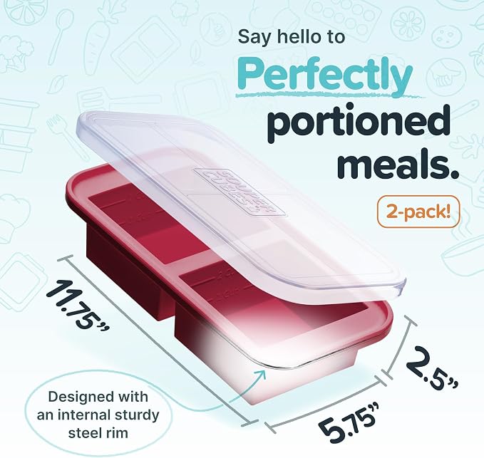 Souper Cubes 2 Cup Freezer Tray with Lid, Cranberry, 2-Pack | 100% Platinum-Cured Silicone Freezer Cubes, Oven and Microwave Safe, Perfect for Freezing Lasagna, Casseroles and More