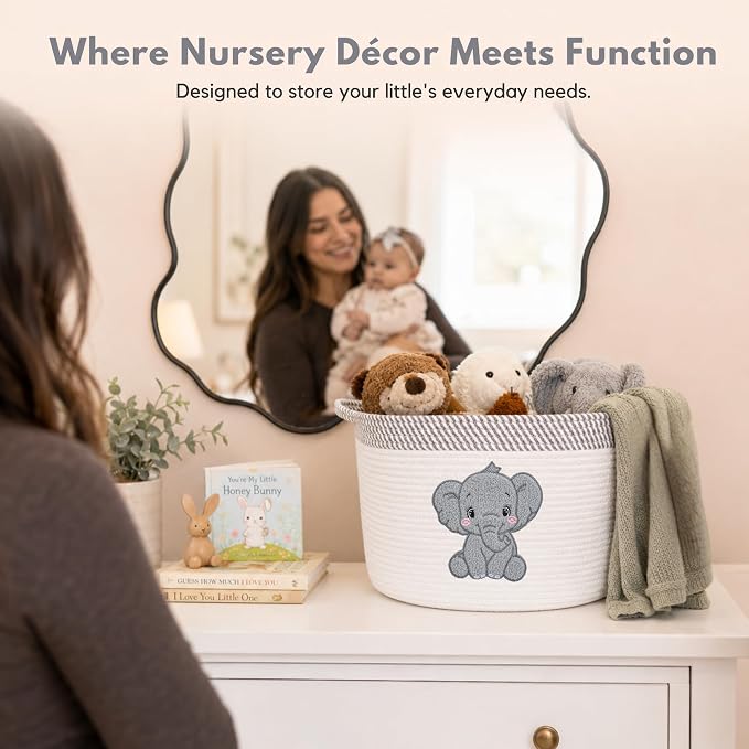Elephant Nursery Storage Basket, Cotton Rope Toy & Blanket Organizer Bin