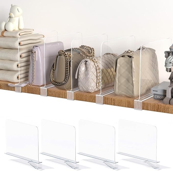 4PCS Acrylic Shelf Dividers for Closet Organization,Clear Closet Dividers for Shelves,Vertical Purse Organizer for Closet,Cabinets,Wardrobes,Bookcases