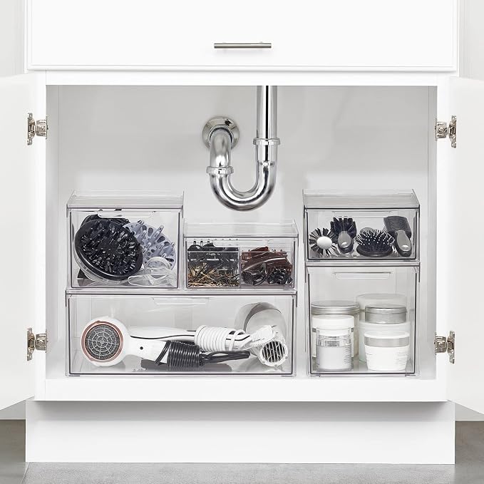 mDesign Plastic Stackable Bathroom Storage with Pull Out Bin Organizer Drawer for Cabinet, Vanity, Shelf, Cupboard, Cabinet, or Closet Organization - Lumiere Collection - 4 Pack - Clear