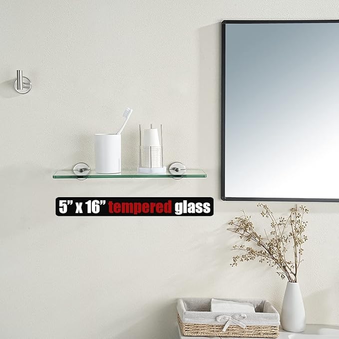 JQK Bathroom Glass Shelf Brushed Steel, Tempered Glass Shower Storage 16 by 5 inches, 304 Stainless Steel Brushed Wall Mount 2 Pack, TGS101L16-BN-P2