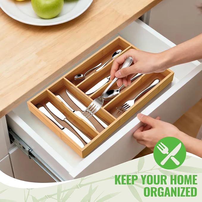 Bamboo Silverware Organizer, Bamboo Kitchen Drawer Cutlery Organizer, Utensil Holder, Flatware Organizer Tray (15.8"x9.5"x1.6")