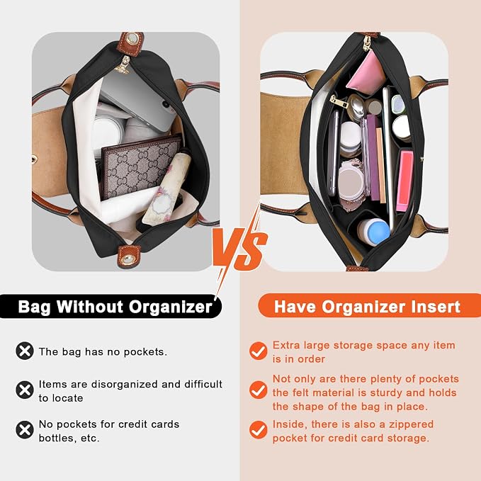 LOUKAYCCI Purse Organizer Insert for Longchamp Le Pliage S Handbag Insert Felt Long Champ Tote Bag Organizer Insert with Cup (Black, Small)