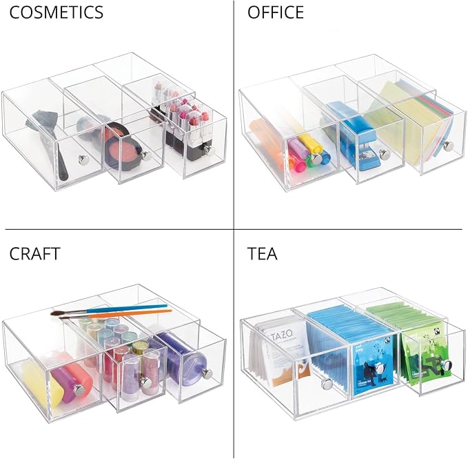 mDesign Plastic Kitchen Pantry Stackable Storage Organizer Container Station with 3 Drawers for Cabinet, Countertop, Holds Coffee, Tea, Sugar Packets, Creamers - Lumiere Collection - Clear