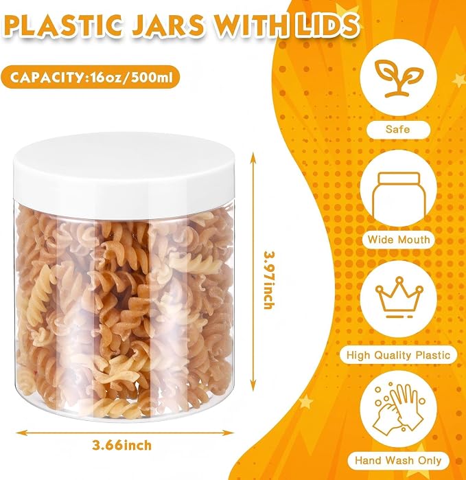 SATINIOR 12 Pack 16 oz Plastic Container Jars with Lids Round Clear Travel Cosmetic Container Slime Jars for Toiletries, Lotion, Cream, Ointments, Makeup, Rhinestone, Samples, Kitchen Storage(White)