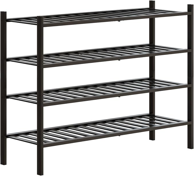 Bamboo Shoe Rack Stackable Shoe Shelf Storage Organizer for Unit Entryway Hallway and Closet Sturdy Freestanding Shoe Shelf (4L Tier Black)