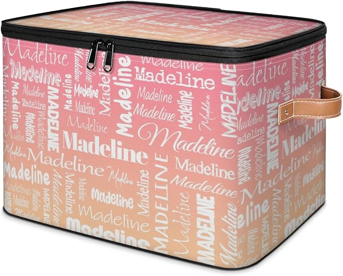 Custom Storage Basket with Name, Personalized Keepsake Box with Zipper Lid, Foldable Fabric Memory Bin Large capacity with Handle Pink Apricot