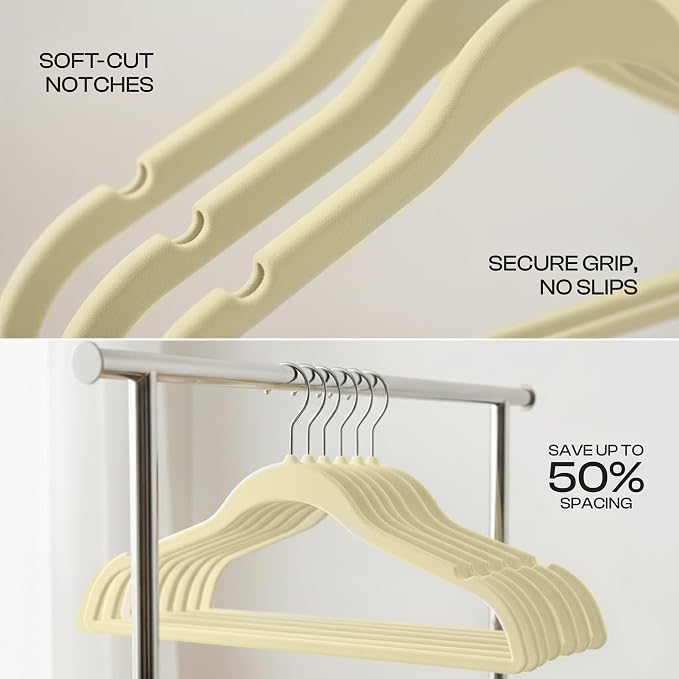 Utopia Home Velvet Hangers 50 Pack - Non-Slip Suit Hangers with 360 Degree Rotatable Hook - for Pants, Coats, Shirts & More (Ivory) | Luxury Non-Slip, Slim Pant & Coat Hangers, Strong Space-Saving, Pants Bar, 360° Swivel Hook