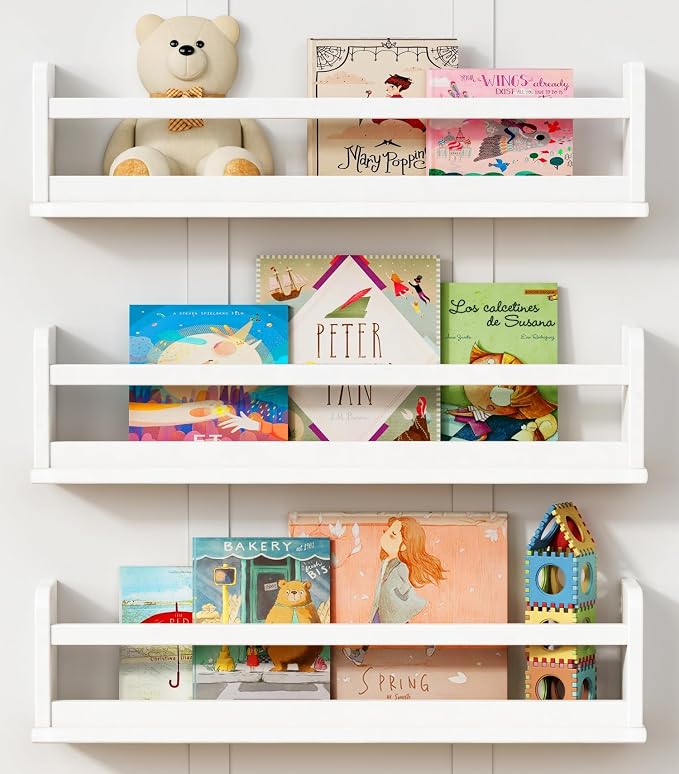 Harwaya White Wall Bookshelf for Kids Room, 24 Inch Toddler Nursery Bookshelf Wall Mounted for Baby Boy Girl Bedroom, Floating Childrens Book Shelves with Hanging Rod for Books - Set of 3