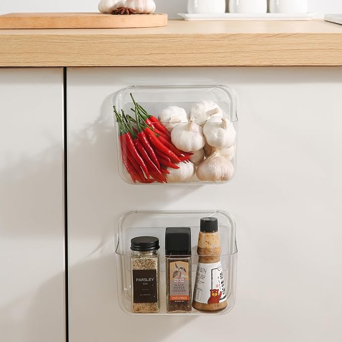 2 Pack Adhesive Cabinet Door Organizer, Compact Kitchen Under Sink Organizer, Clear Lid Storage Container for Pantry Shelves, Wall Mounted Bathroom Shower Caddy Hanging Closet Organizer