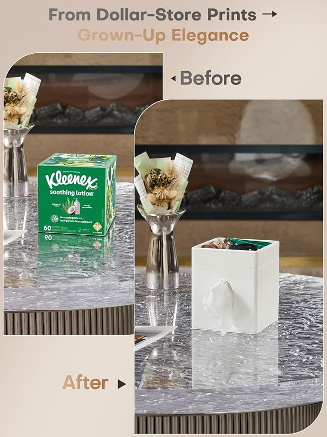 Square Tissue Box Cover Holder with Tray for Kleenex/Puffs Cubes | Gift-Ready for Entryways & Vanities | Stardust Black/Polar Ice/Liquid Iridium | Patented Metal-Look PU Leather-Polar Ice