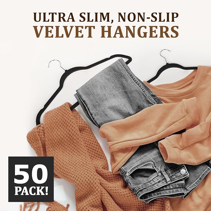 Premium Velvet Hangers 50 Pack, Heavy Duty Study Black Hangers for Coats, Suit & Dress - Non Slip Clothes Hanger Set - Space Saving Felt Hangers for Clothing
