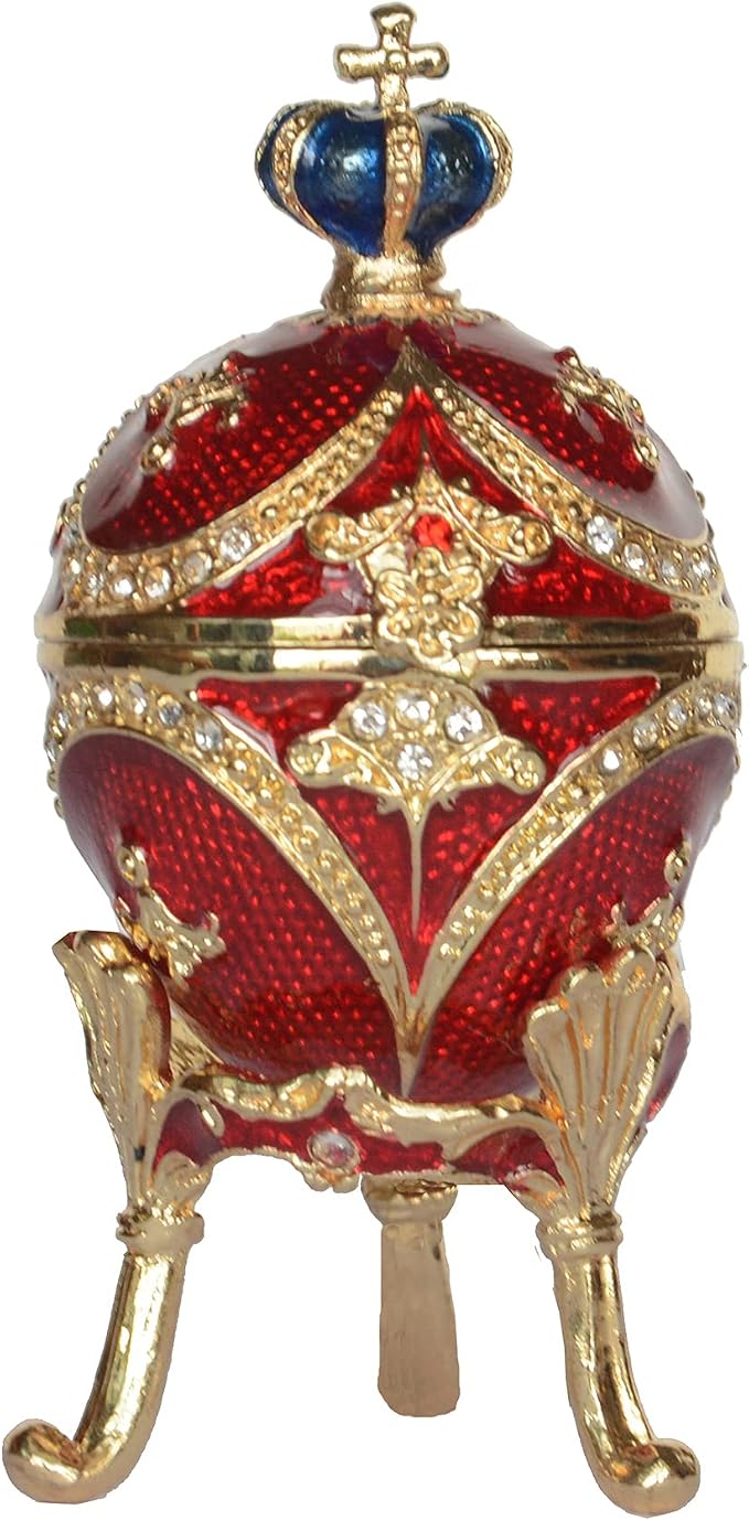 Faberge Egg Trinket Box - Easter Egg Collectible, Jewelry Box Hand Painted Decorative Box with Hinged Lid Ring Earring Holder (Red)