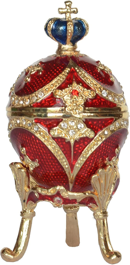 Faberge Egg Trinket Box - Easter Egg Collectible, Jewelry Box Hand Painted Decorative Box with Hinged Lid Ring Earring Holder (Red)