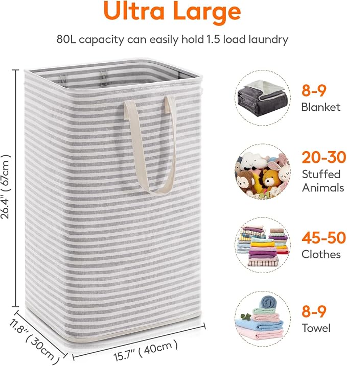 Lifewit 1 Pack Laundry Basket 80L Each, Collapsible Clothes Hamper with Reinforced Handles, Freestanding Waterproof Design for Bedroom and Laundry Room, Grey 80L Total