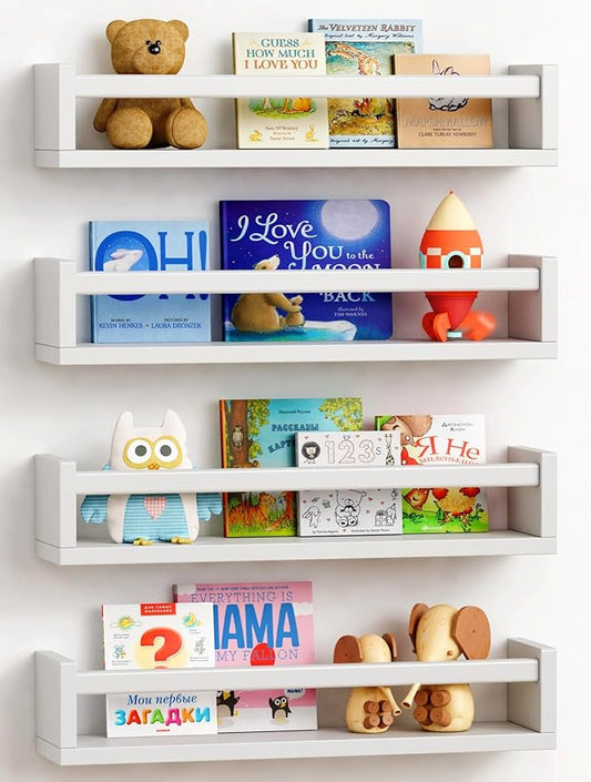 Forbena Floating Nursery Book Shelves for Wall Set of 4, Wall Bookshelf for Kids Room, White Wood Hanging Bookshelves Book Shelf for Baby Toddler Childrens Boy Girl Bedoom Toy and Decor Storage