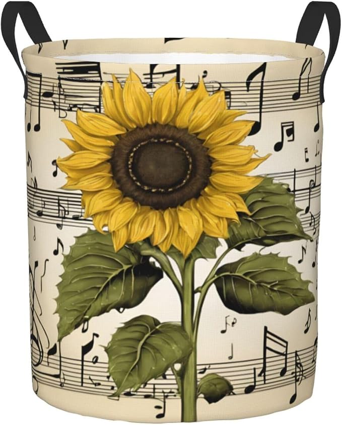 Sunflower Music Notes Laundry Basket,Laundry Hamper,Collapsible Storage Bin, Oxford Fabric Clothes Baskets,Nursery Hamper For Home,Office,Dorm,Gift Basket
