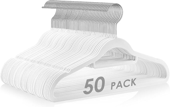 DUDUCOFU Velvet Hangers Non Slip Felt Hangers, 50 Pack White Velvet Clothes Hangers Space Saving Slim with 360 Degree Swivel Hook for Suits Coats, Jackets, Pants, and Dress Clothes