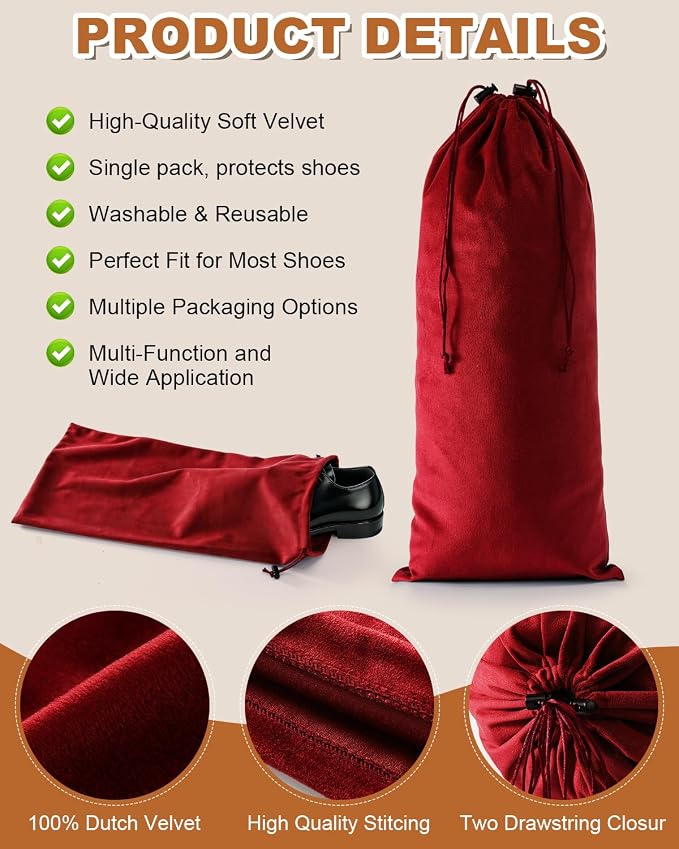 6 Pcs Single Shoe Bags for Travel, Dust Velvet Bag, Rio Red, 17.3x8.6 Inch | Washable & Reusable Travel Shoe Bags, Dustproof Shoe Bags with Drawstring Closure, Suitable for Travel, Home Storage