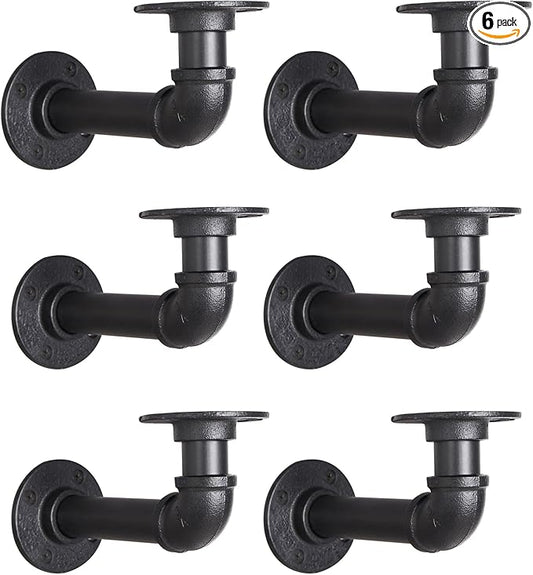 Industrial L Pipe Shelf Brackets for 8-16 in Depth Wood,Heavy-Duty 3/4" Iron,Wall Mount Floating Shelf Bracket L Metal Pipe Shelving Brackets for Wood-Black DIY Pipe Shelves(7.5*3.1 Inch 6 Pack)