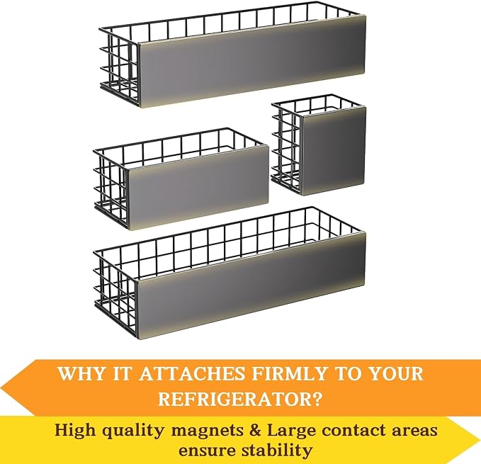 Ofiray-home Magnetic Fridge Shelf, 4-Pack Metal Strong Magnet Rack, Space Saving Spice Organizer, Utensil Holder, Fruit Potato Onion Storage Bins, Black Refrigerator Organizers and Storage