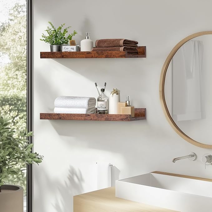 Muzilife 16" Wood Floating Shelves Wall Shelf with Lip,2Pcs, Widened, Honey | FSC-Certified Wood | 20 lbs Capacity | Space-Saving | Hanging Shelf | Wall Decor| Bedroom,Living Room,Bathroom,Kitchen,Office