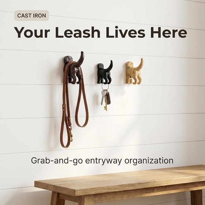 Lulu Decor, Cast Iron Labrador Black, Chocolate Brown & Cream Dog Tail Hooks (3 Dog Tail Hooks)