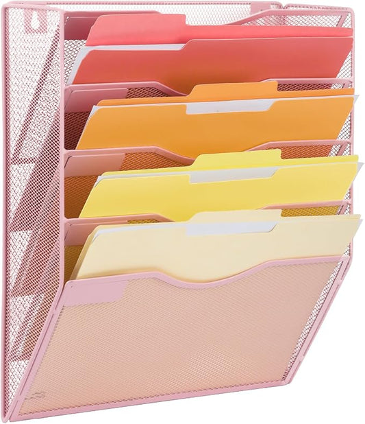 EASEPRES 5 Pocket Mesh Hanging Wall File Organizer, Wall Mounted Mail Paper Document Folder Holder, Clipboard Storage Organization Magazine Rack with Nametag Label for Office Home School, Pink