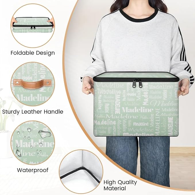 Custom Storage Basket with Name, Personalized Keepsake Box with Zipper Lid, Foldable Fabric Memory Bin Large capacity with Handle Green
