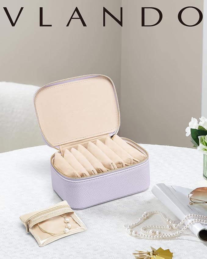 VLANDO Jewelry Travel Case,Travel Jewelry Organizer with Clear Velvet Jewelry Bags 8Pcs Zipper Pouch for Women Girl Gift- Purple