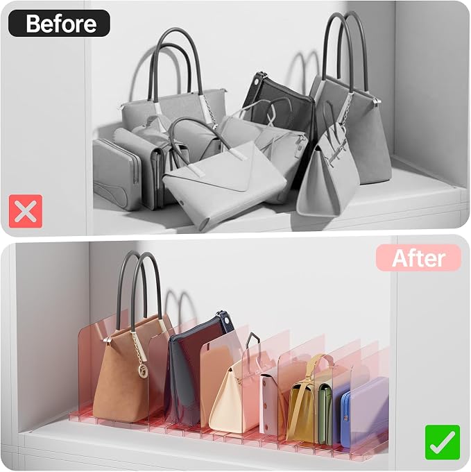 PAVSTINE 2 Pack Purse Organizer for Closet, Stackable Storage Shelf, Pink | Adjustable Clear Shelf Dividers, Keep Clutch, Bag, Pocketbook Upright, Stackable to Save Space, for Bedroom