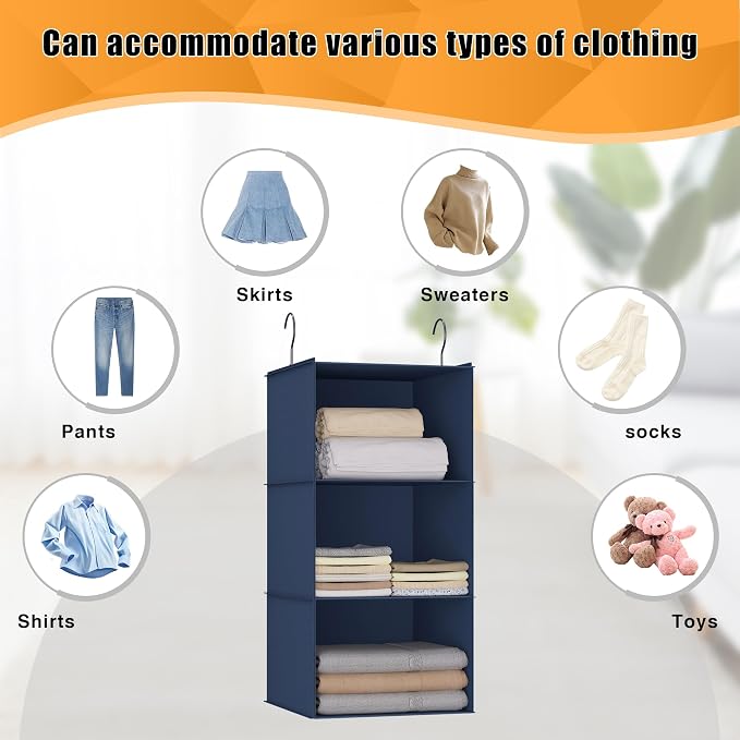 Hanging Closet Organizer 3-Shelf, Oxford Fabric Wardrobe Storage, Navy Blue | Easy-mount foldable design holds clothes, handbags, shoes & accessories; washable Oxford fabric, sturdy and space-saving.