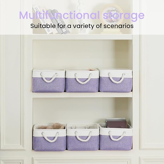 Storage Baskets for Shelves 13.8x9.8x6.7 Inch, Foldable Fabric Storage Bins with Handles, Small Storage Baskets for Organizing Closet, Office, Home Organization (1-Pack, White&Purple)