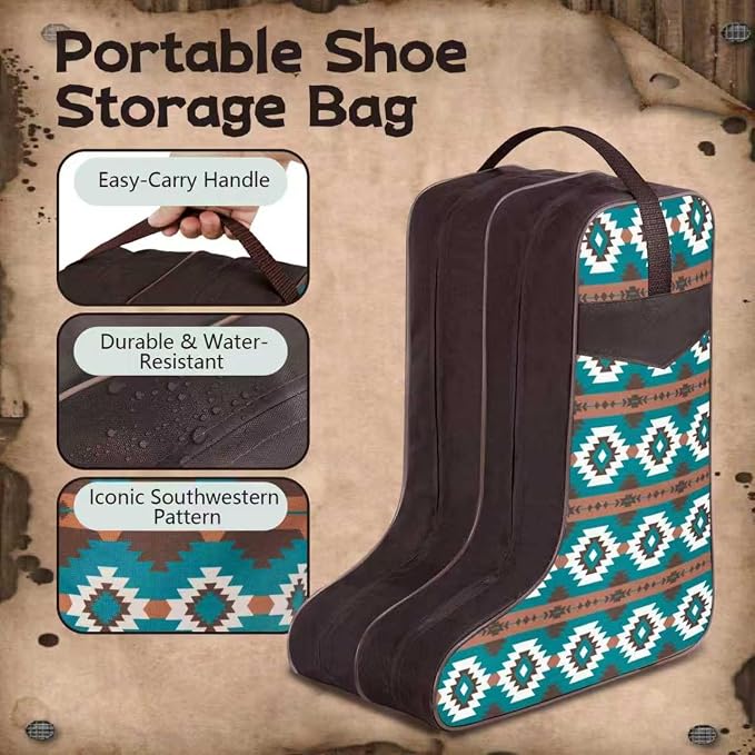 Cowgirl Boot Bag with Southwestern Aztec Pattern, Fits Boots Up to 17 Inches, Dual-Zipper Storage for Cowboy Boots, Ideal for Rodeo, Equestrian, and Travel
