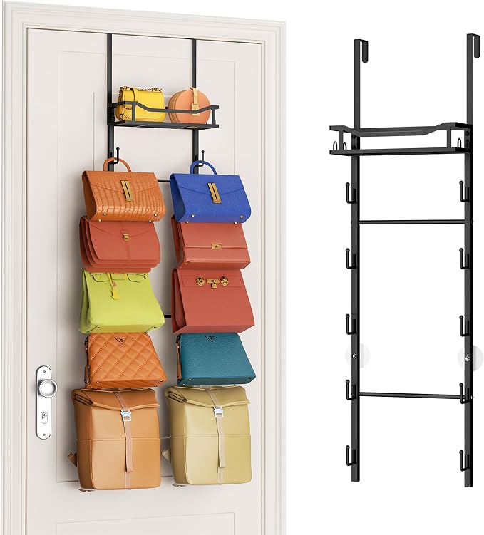 SWTYMIKI Over The Door Purse Organizer - Wall Mounted Purse Rack with 10 Hooks and Metal Basket, Handbag Hanger Organizer Holds up to 10 Bags, Bag Rack Can Use As 1/2 Part, for Door, Closet