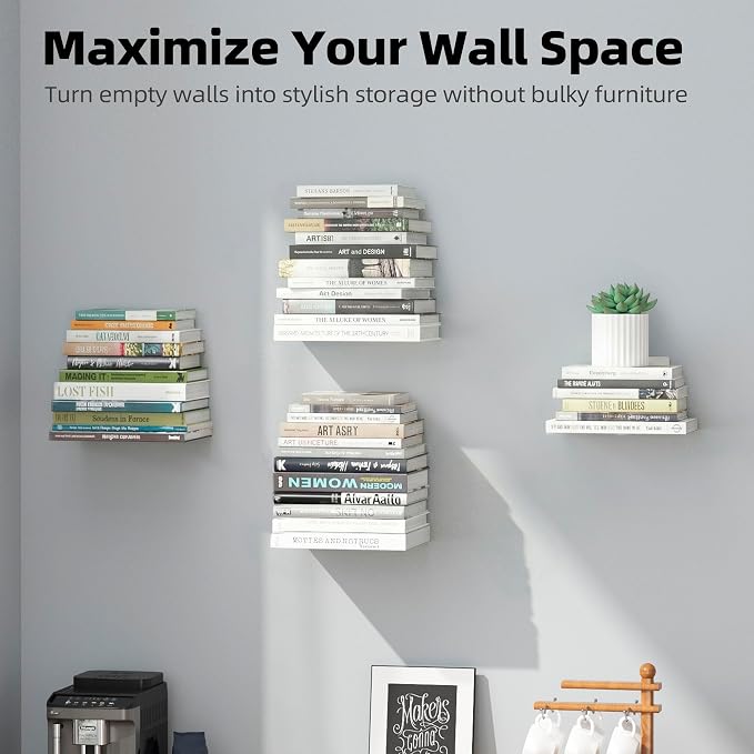 STORAGE MANIAC Floating Book Shelves for Wall Mounted Invisible Floating Bookshelves Heavy-Duty Steel Hidden Bookshelf Hanging Bookshelves for Bedroom Living Room Office, White 4-Pack Large