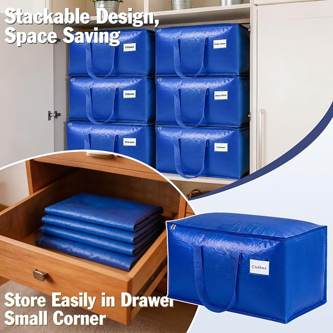 KYODOLED 8 Pack Extra Large Moving Bags with Handles, 24 Gallon Heavy Duty Blue Storage Totes, Waterproof PE Packing Bags for College Move in, Closet Organization & Space Saving, 27x13x15 Inch