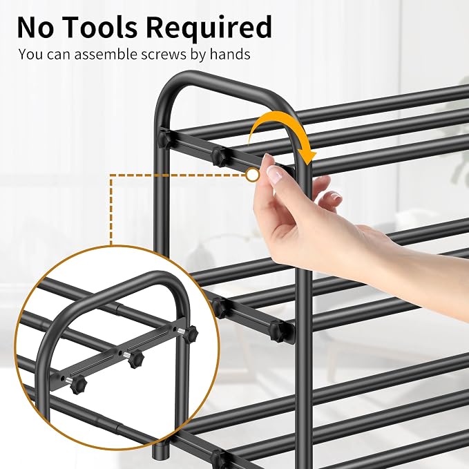 Hleelomi 3-Tier Expandable Shoe Rack for Entryway，Adjustable Metal Shoe Organizer for Closet,Living Room,Dorm,Black