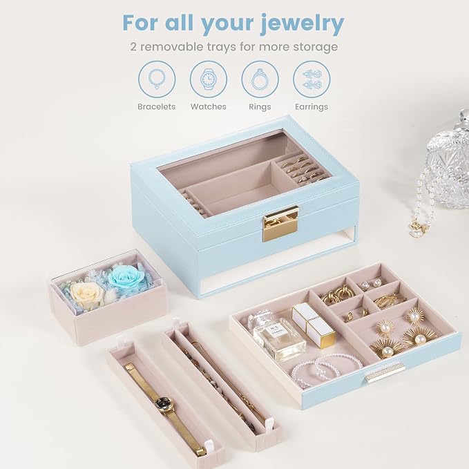 Lolalet Jewelry Organizer with Glass Lid, 2-Layer Jewelry Box Case with Drawer, Earrings Watch Ring Display Storage -Blue