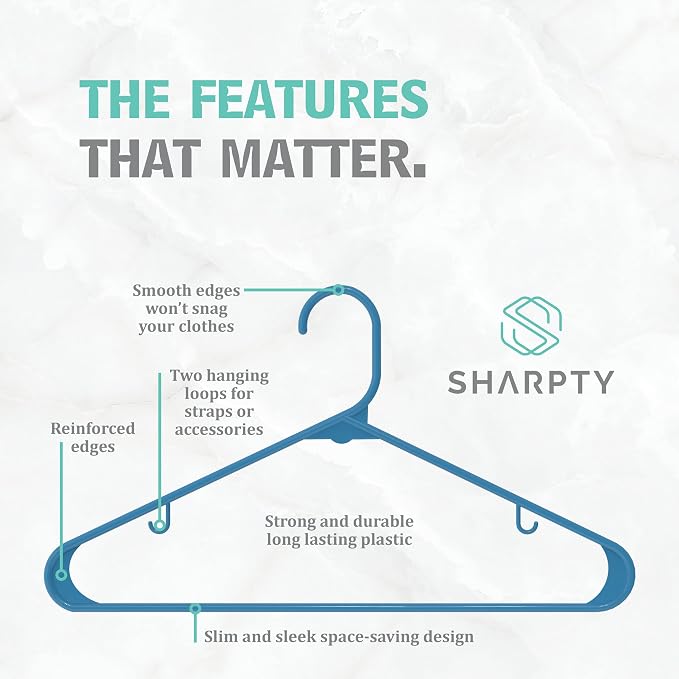 Sharpty Plastic Hangers Clothes Hangers for Clothing, Closet, Coats & Shirts - Durable & Space Saving - for Everyday Standard Use, Room Essentials & Basics - 60 Pack - Blue