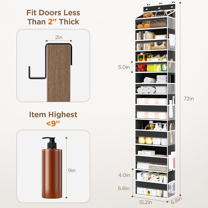 Mefirt Over The Door Organizer, 8 Shelf Door Hanging Organizers with 8 Large Capacity Pockets, Back of Door Organizer Storage Hanging Shelves for Closet Bathroom Bedroom Nursery