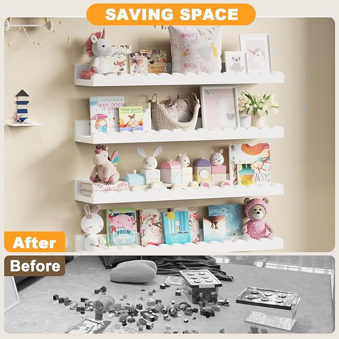 4-Pack 23.5IN Scalloped Shelves, Nursery Shelves for Wall, Floating Nursery Book Shelves for Kids, White