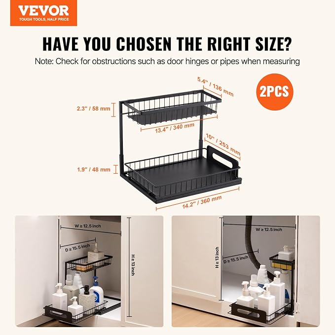 VEVOR 2 Tier Pull Out Cabinet Organizer(10.7"W x 14.2"D), Under Sink Organizer and Storage, Slide Out Drawer Cabinet Organizer, Wire Basket Sliding Storage, 12.5"Wx15.5"Dx13"H Install Size for Cabinet | Kitchen Slide Out Drawer Wire Basket Sliding Stor...